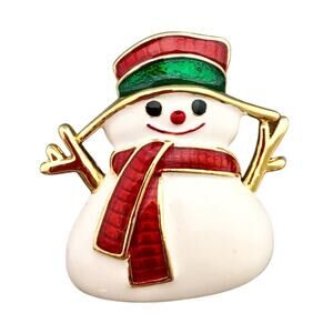 Vintage Smiling Snowman Brooch Enamel Vintage Red White Gold Green Tone NWT